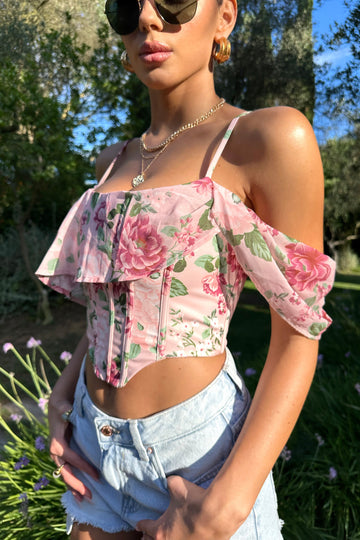 Lost In Your Love Pink Floral Print Asymmetric Corset Top With Draped Chiffon Sleeve